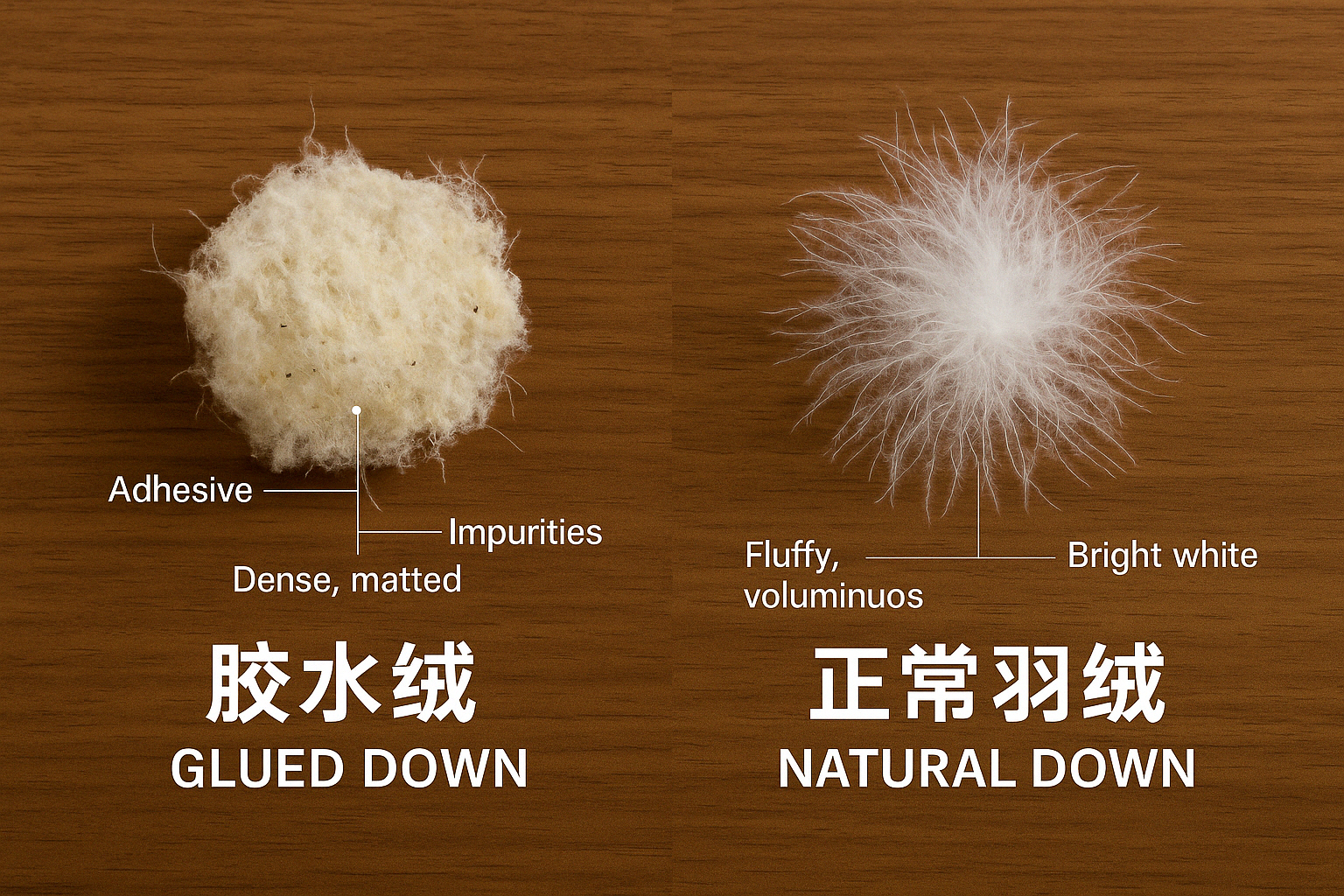 胶水绒与正常羽绒进行照片外观对比